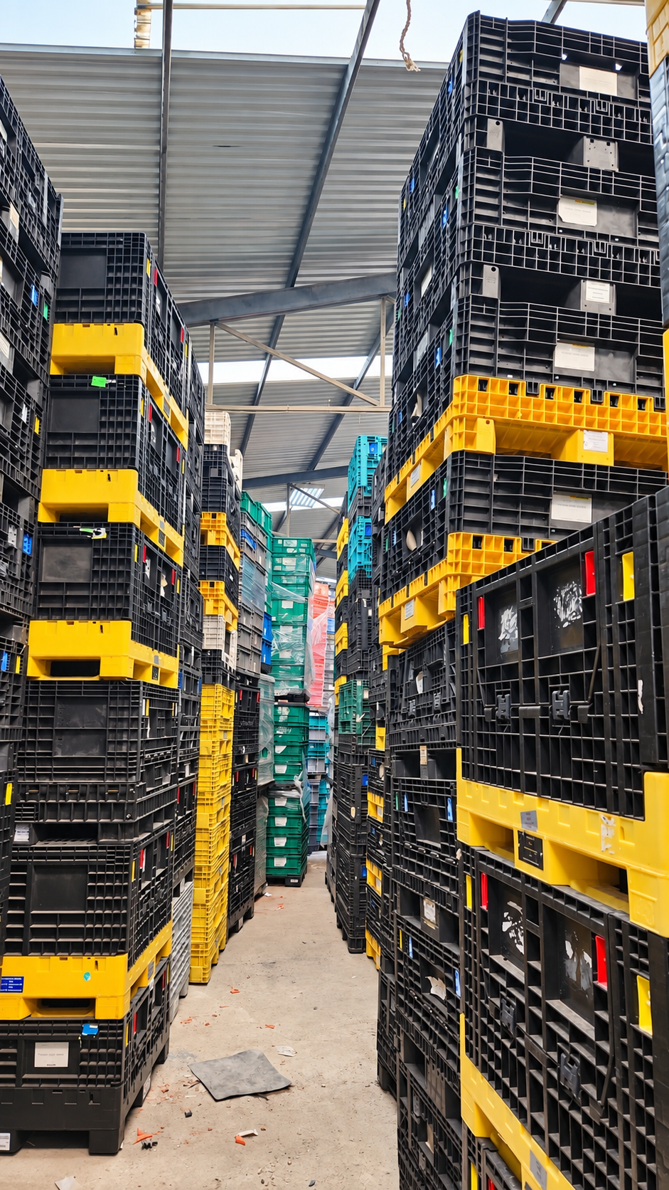 Pasillo de contenedores plásticos en la planta